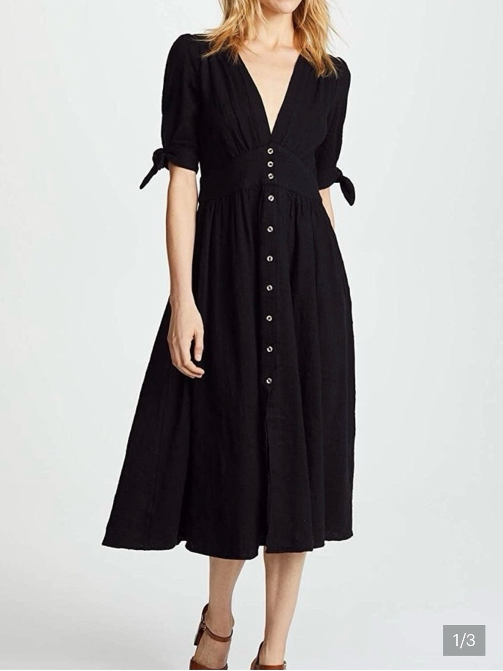 Free People Black Love of My Life V-Neck Button-Front Midi Dress with Tie Sleeve